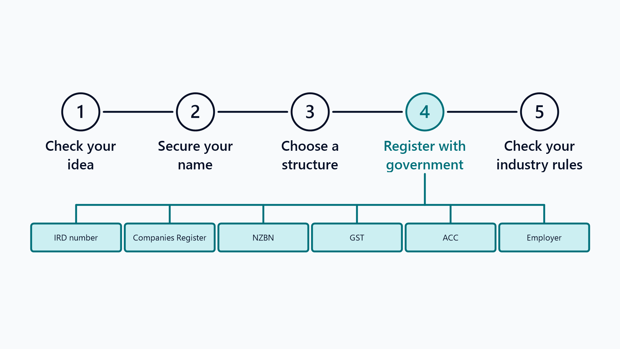 Diagram of the five steps to start a business in New Zealand: check your idea, secure your name, choose a structure, register with government, and check your industry rules. Under step 4 sit the registrations that may apply: IRD number, Companies Register, NZBN, GST, ACC and employer.